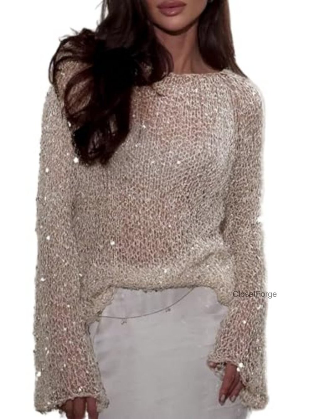 Sheer Long Sleeve Sequin Party Sweater